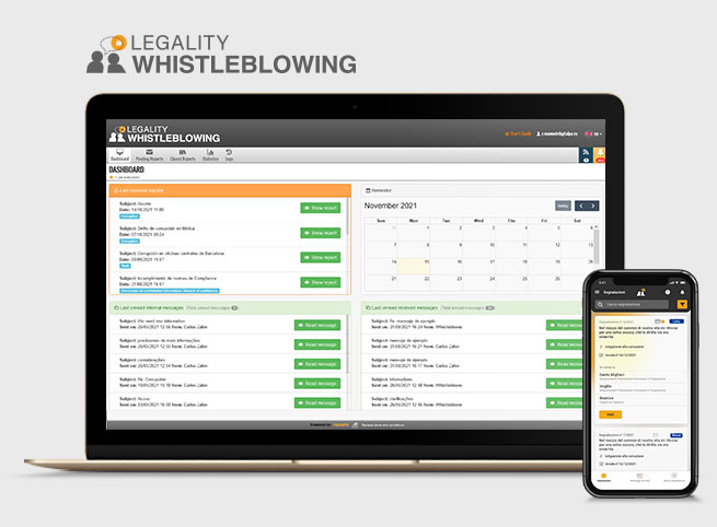 App Mòvil Legality Whistleblowing software para Denuncias de irregularidades Legality Whistleblowing for wrongdoing and alleged offenses management, comply with new European whistleblower protection laws